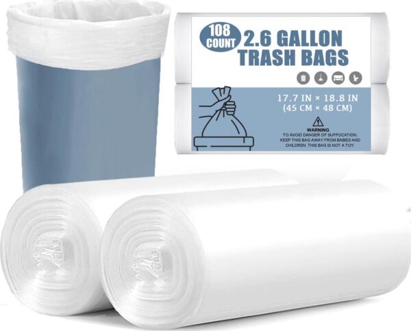 Small Trash Bags - 108 Count 2.6 Gallon Trash Bags Bathroom Trash Bags, Small Garbage Bags for Office Bedroom Kitchen, White 2.6 Gal Small Trash Can Liners