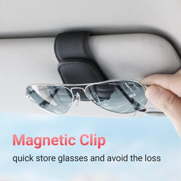 Sunglass Holder for Car Visor Sunglasses Clip Magnetic Leather Glasses Eyeglass Holder Truck Interior Car Accessories for Woman Man -Black - Image 2