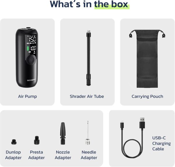 Tire Inflator Portable Air Compressor, Electric Bike Tire Pump With Gauge, Air Pump For Car Tires, 150PSI, Mobile Air Compressor for Car, Motorcycle, Electric Bike, by Woowind - Image 7
