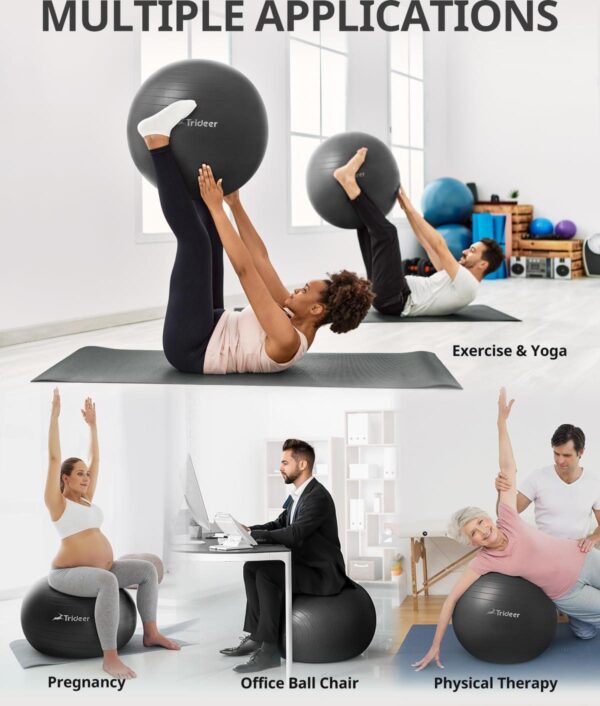 Trideer Yoga Ball Exercise Ball for Working Out, 5 Sizes Gym Ball, Birthing Ball for Pregnancy, Swiss Ball for Physical Therapy, Balance, Stability, Fitness, Office Ball Chair, Quick Pump Included - Image 2