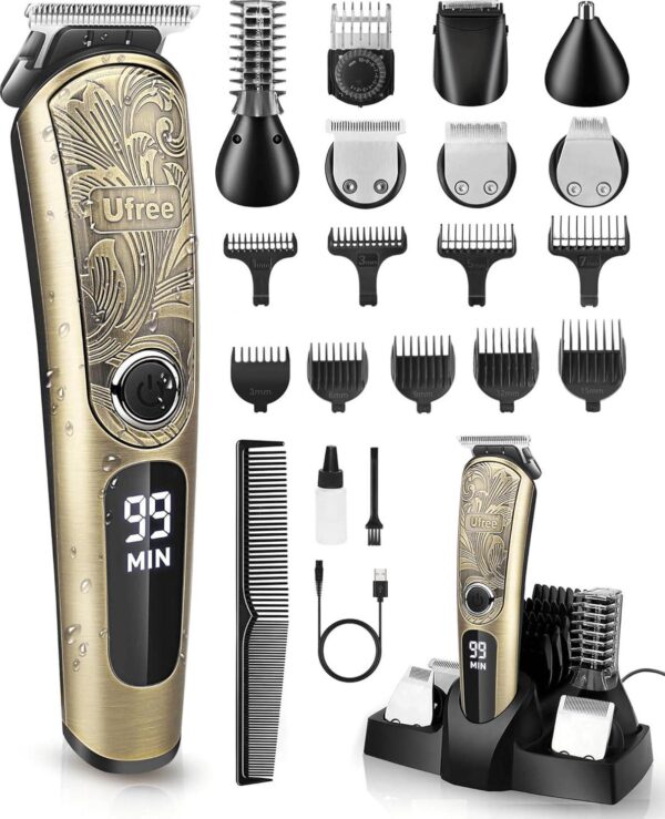 Ufree Gifts for Men, Beard Trimmer for Men with Charging Stand, IPX7 Waterproof Electric Razor Shavers for Men, Clippers for Hair Cutting, Mens Grooming Kit for Mustache Nose Facial Body