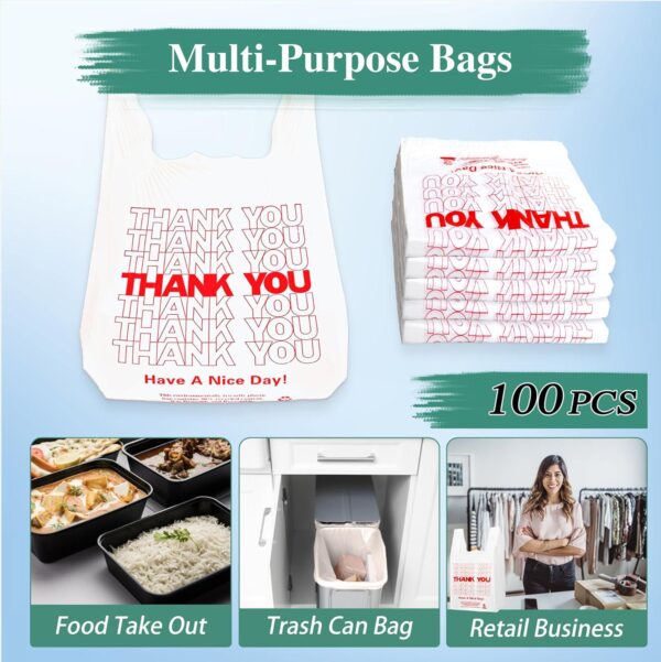 White Thank you T shirt bag, Grocery shopping bag Reusable and Disposable Supermarket Bag 11''x6''x21'' 100PCS - Image 6