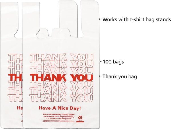 White Thank you T shirt bag, Grocery shopping bag Reusable and Disposable Supermarket Bag 11''x6''x21'' 100PCS - Image 4