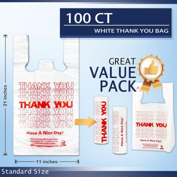 White Thank you T shirt bag, Grocery shopping bag Reusable and Disposable Supermarket Bag 11''x6''x21'' 100PCS - Image 3