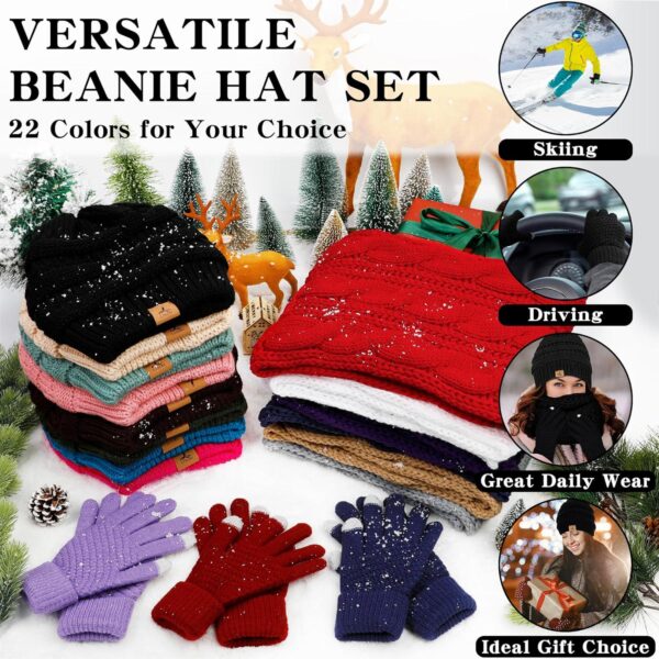 Winter Beanie Hat Scarf Gloves, Warm Fleece Knit Winter Hats Touch Screen Gloves Neck Scarf Set Winter Gifts for Unisex Adult - Image 7