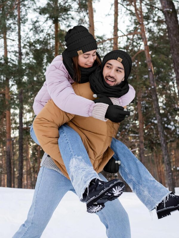 Winter Beanie Hat Scarf Gloves, Warm Fleece Knit Winter Hats Touch Screen Gloves Neck Scarf Set Winter Gifts for Unisex Adult - Image 5