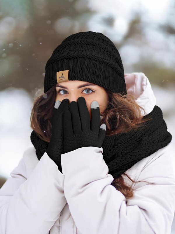 Winter Beanie Hat Scarf Gloves, Warm Fleece Knit Winter Hats Touch Screen Gloves Neck Scarf Set Winter Gifts for Unisex Adult - Image 6
