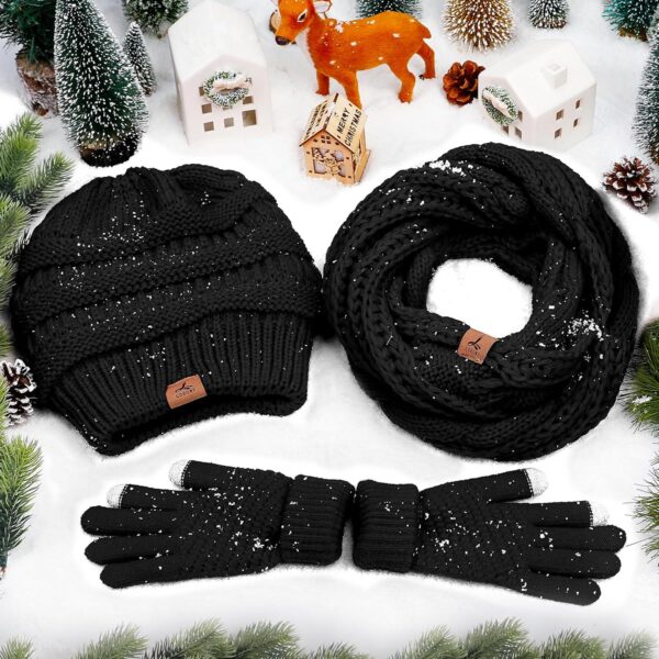 Winter Beanie Hat Scarf Gloves, Warm Fleece Knit Winter Hats Touch Screen Gloves Neck Scarf Set Winter Gifts for Unisex Adult - Image 8