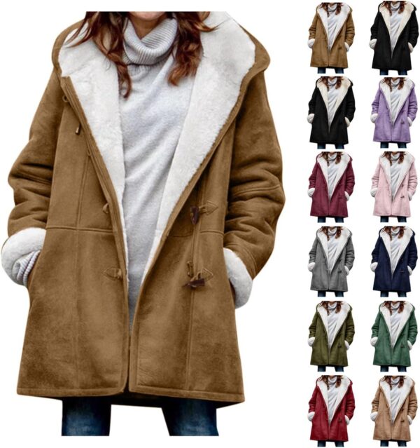 Winter Coats for Women 2024 Warm Plus Size Long Sleeve Coat Horn Buckle Fleece Lined Jacket Button Hooded Outerwear