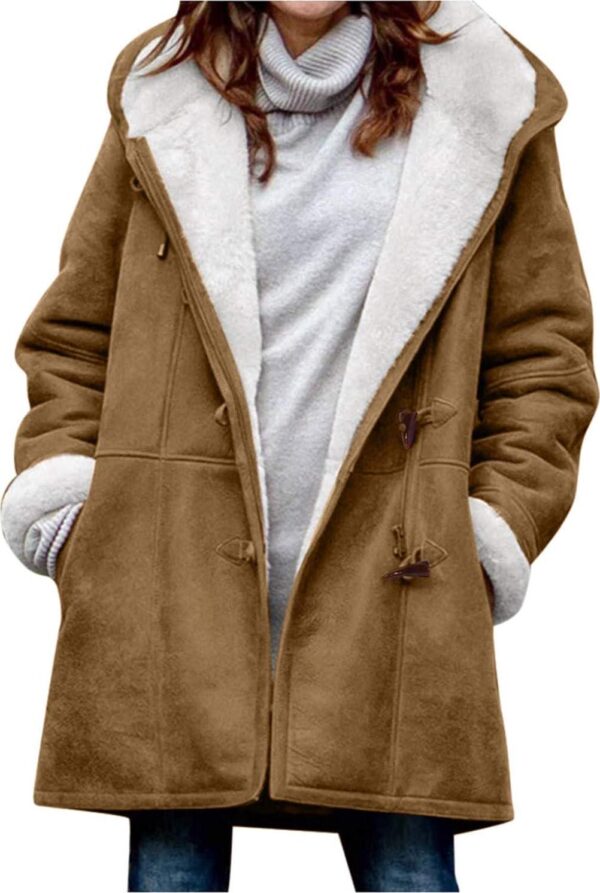 Winter Coats for Women 2024 Warm Plus Size Long Sleeve Coat Horn Buckle Fleece Lined Jacket Button Hooded Outerwear - Image 2