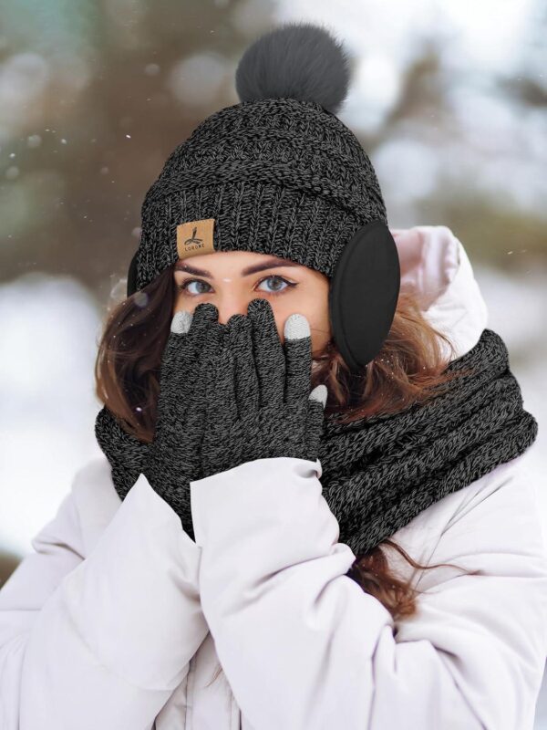 Winter Hat Scarf Gloves and Ear Warmer, Warm Knit Beanie Hat Touch Screen Gloves Set Winter Gifts Neck Scarves for Women - Image 6
