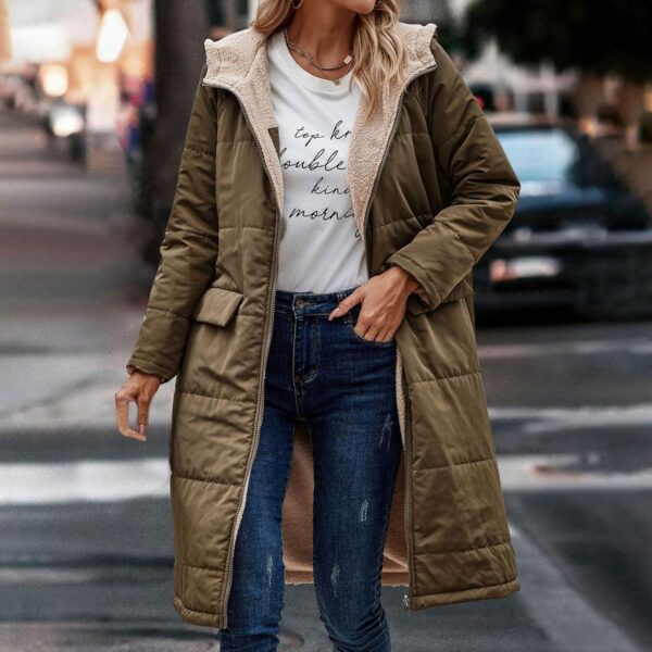 Women's Sherpa Fleece Lined Long Jackets Shearling Reversible Overcoats Winter Puffer Coats Hood Zip Outerwears - Image 3