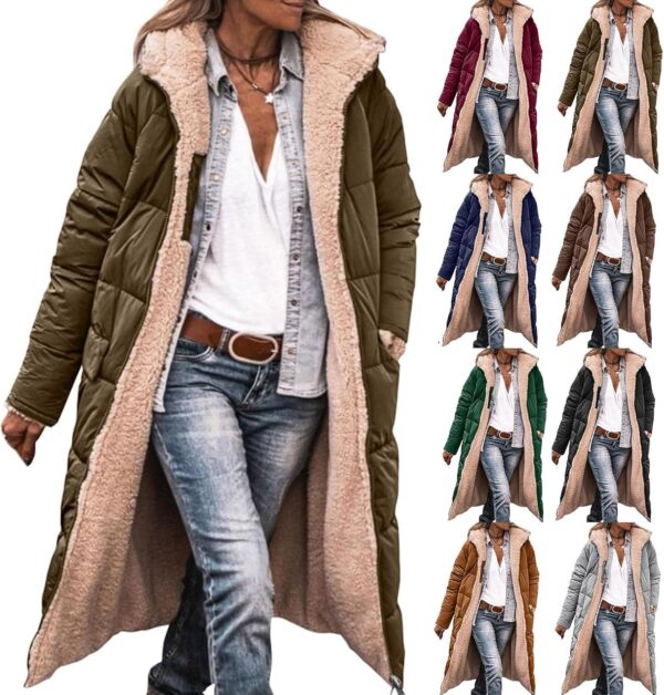 Women's Sherpa Fleece Lined Long Jackets Shearling Reversible Overcoats Winter Puffer Coats Hood Zip Outerwears