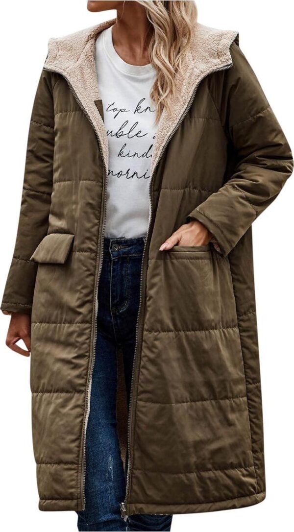 Women's Sherpa Fleece Lined Long Jackets Shearling Reversible Overcoats Winter Puffer Coats Hood Zip Outerwears - Image 2