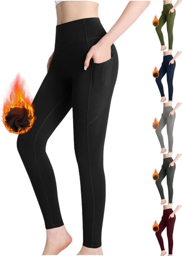 Womens Fleece Lined Leggings Tummy Control High Waisted Tights Athletic Yoga Pants Warm Winter Leggings with Pockets