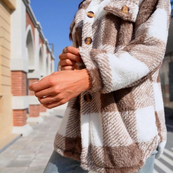 Womens Fuzzy Fleece Plaid Shacket Jacket Buffalo Plaid Flannel Sherpa Puffer Coat Button Down Sherpa Shacket - Image 7